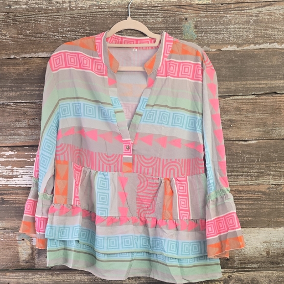 Tops - Colorful Geometric Patterned Women's Top, Plus Size 0X, NEW